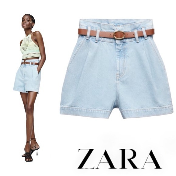 Zara Pants - Zara Light Blue Denim high waisted Shorts never worn (**DOES NOT COME WITH BELT)
